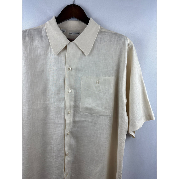 Men’s Cutter & Buck Large Cream Short Sleeve Linen Button Up