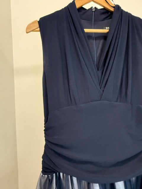 SLNY Fit &amp; Flare Navy Cocktail Dress Embroidered Tulle Skirt Sz14