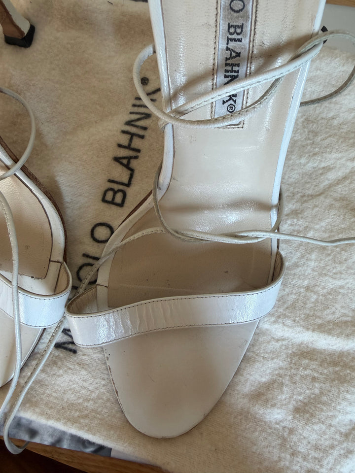 Manolo Blahnik White Leather Lace-Up Sandals Heels Size 37.5