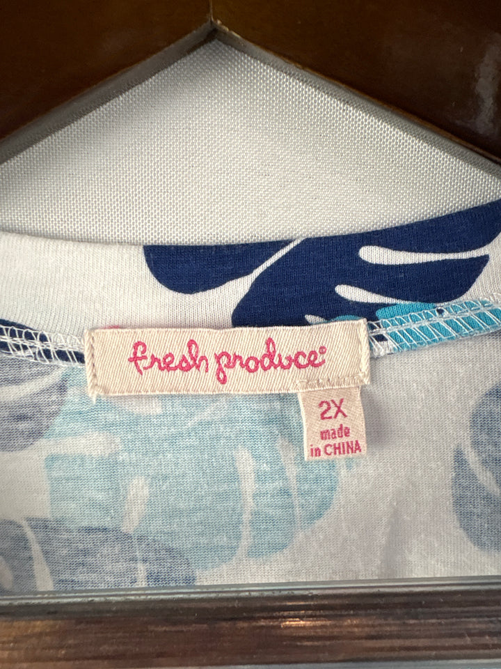Women’s Fresh Produce Size 2X White &amp; Blue Patterned Long Sleeve
