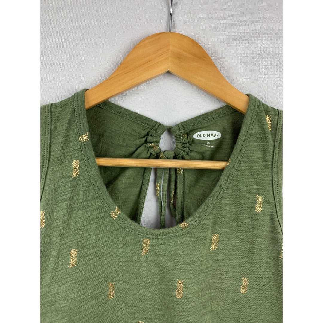 Old Navy Sleeveless XS Tank Top In Olive Green With Gold Pineapples