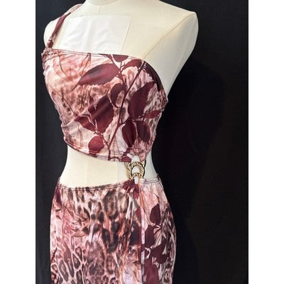 One-Shoulder Leopard & Floral Print Cutout Maxi Dress