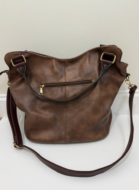 Vegan Leather Bucket Tote Crossbody Bag Brown Gold Hardware