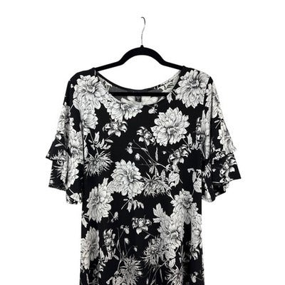 Karen Kane Women’s Black T-Shirt Dress Sz XL – White Floral Ruffle Sleeve Dress