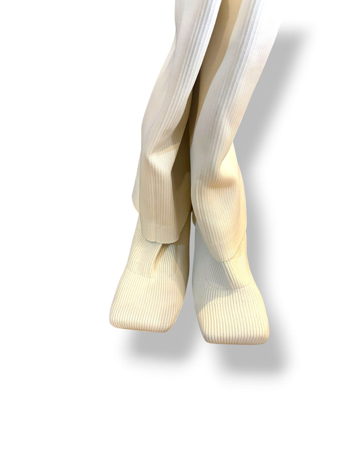 Cream Ribbed Knit Thigh High Boots Square Toe Stiletto Heel Size 9