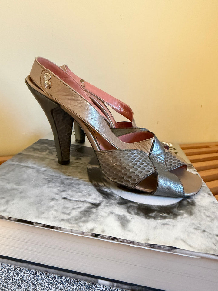 Vintage Louis Vuitton Metallic Leather &amp; Snakeskin Slingback Heels Size 38.5