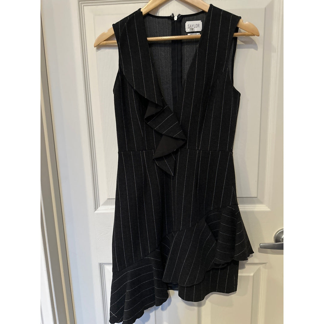 Saylor Black Pinstripe Sleeveless Ruffle Dress S
