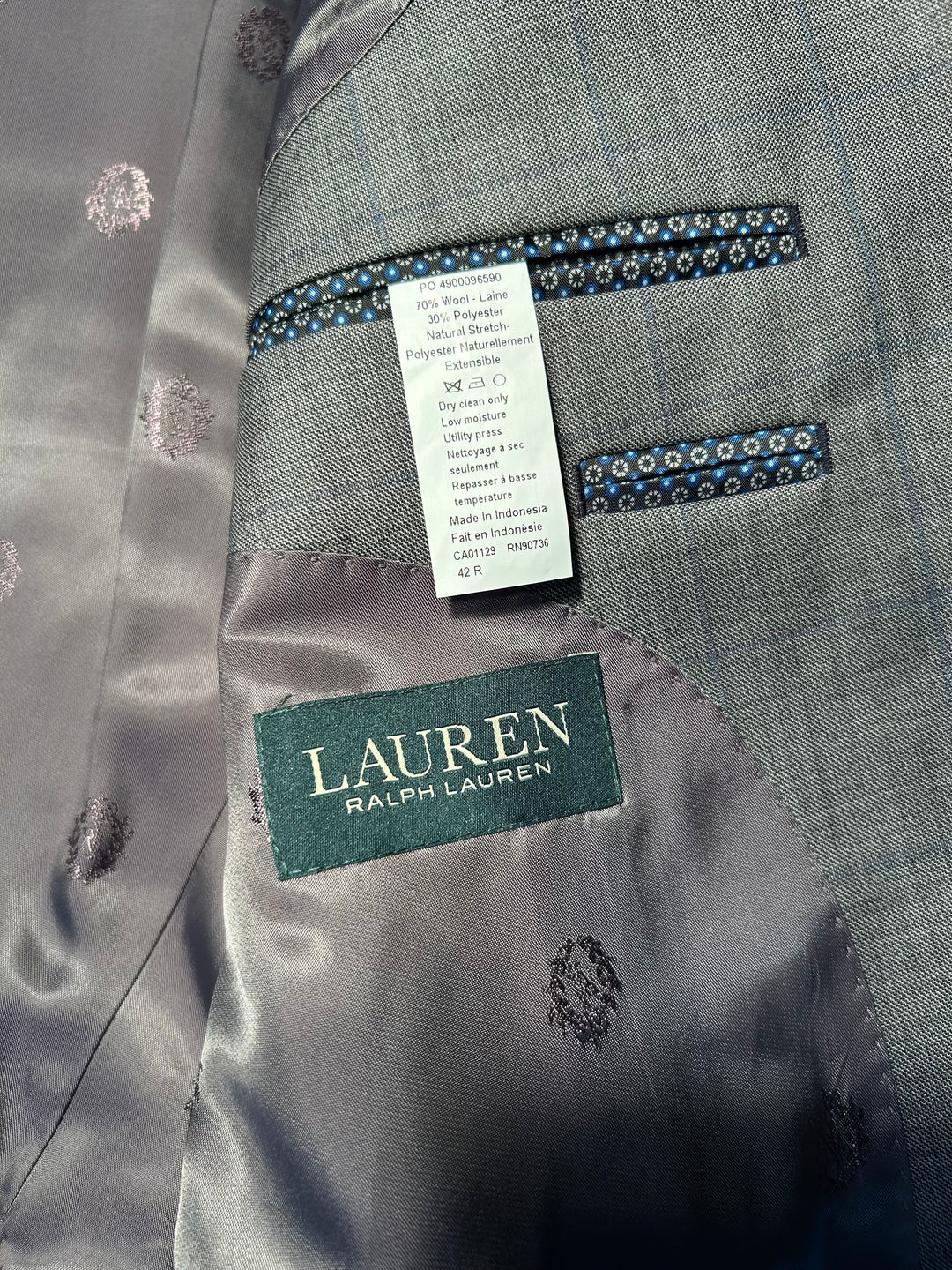 Lauren Ralph Lauren Men’s 42R Gray Wool Blend Suit Windowpane Check 36x30