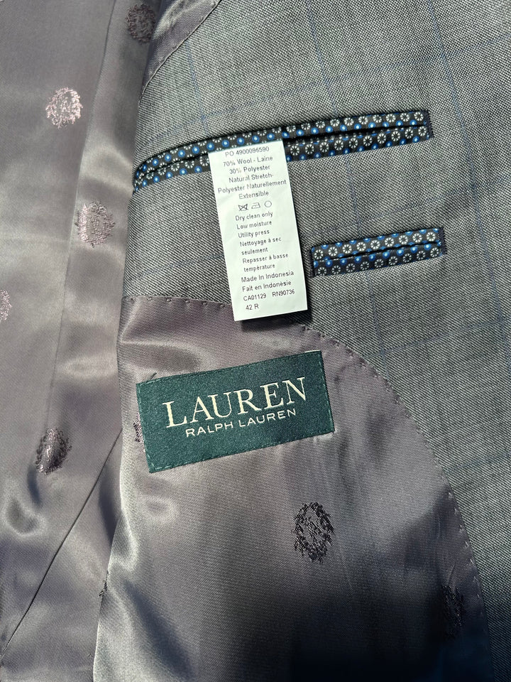 Lauren Ralph Lauren Men’s 42R Gray Wool Blend Suit Windowpane Check 36x30