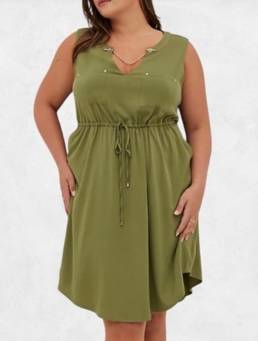 Torrid Gold Chain Notch Neck Dress Sleeveless Olive Green Sz1/1X