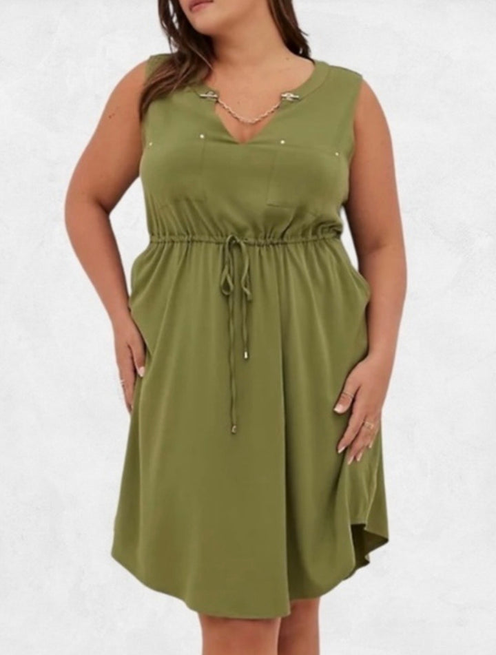 Torrid Gold Chain Notch Neck Dress Sleeveless Olive Green Sz1/1X