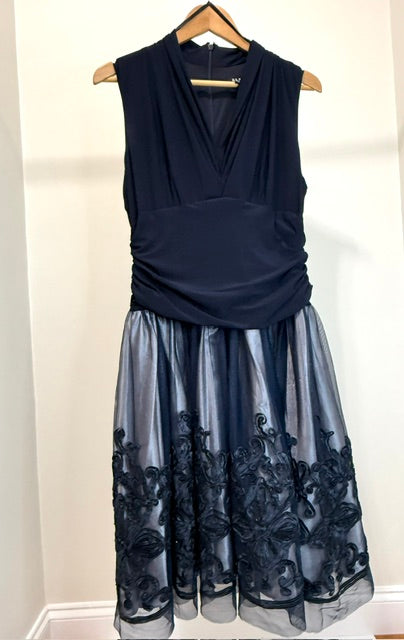 SLNY Fit &amp; Flare Navy Cocktail Dress Embroidered Tulle Skirt Sz14