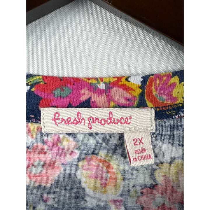 Women’s Fresh Produce 2X Blue Multicolor Floral Long Sleeve Shirt