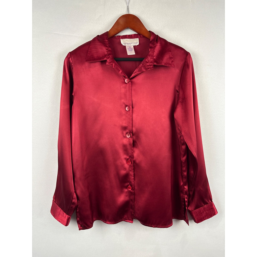 Susan Graver Style Satin Button-Up Blouse XS Red