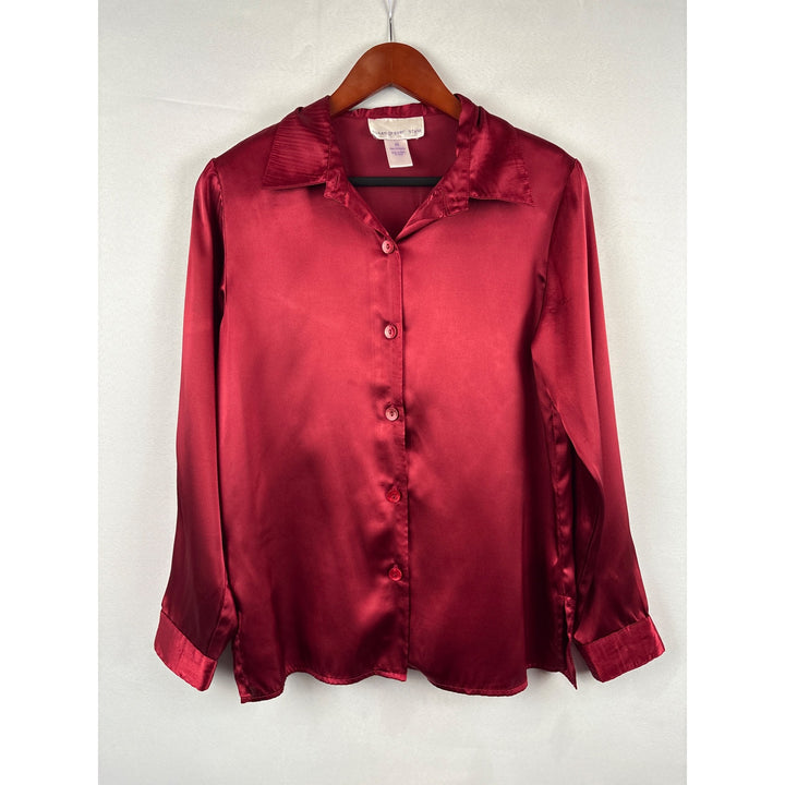 Susan Graver Style Satin Button-Up Blouse XS Red