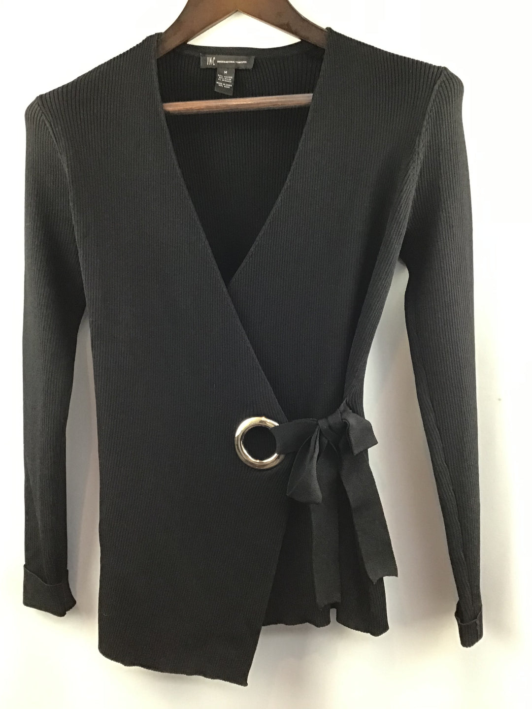 Women’s INC Black Long Sleeve Wrap Knit Bow Tie Waist Top Size Medium