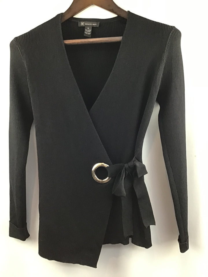 Women’s INC Black Long Sleeve Wrap Knit Bow Tie Waist Top Size Medium