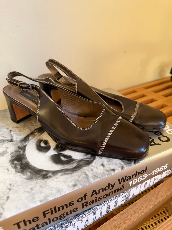 Vintage Anne Klein Brown Leather Slingback Heels Size 8