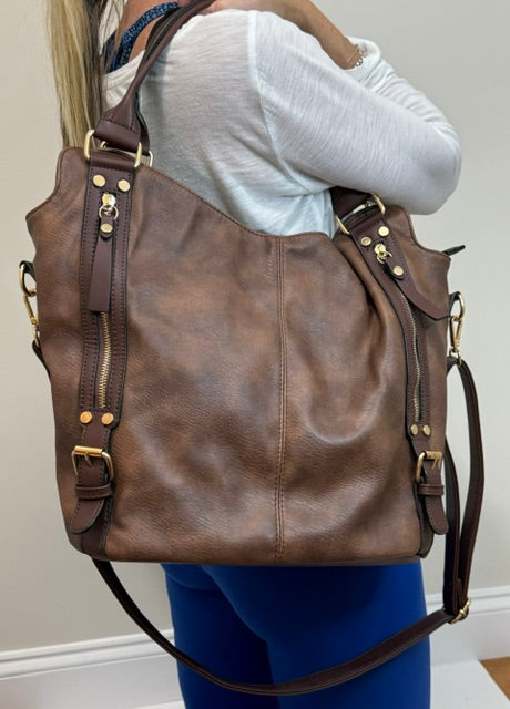 Vegan Leather Bucket Tote Crossbody Bag Brown Gold Hardware