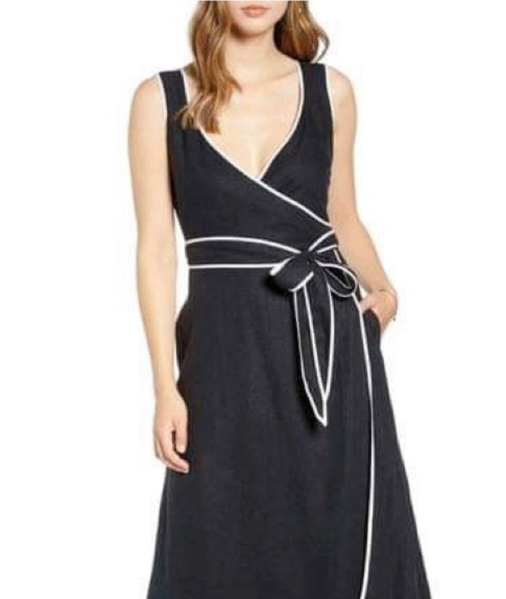 1901 Linen Blend Wrap Style Maxi Dress Black White Trim SzL