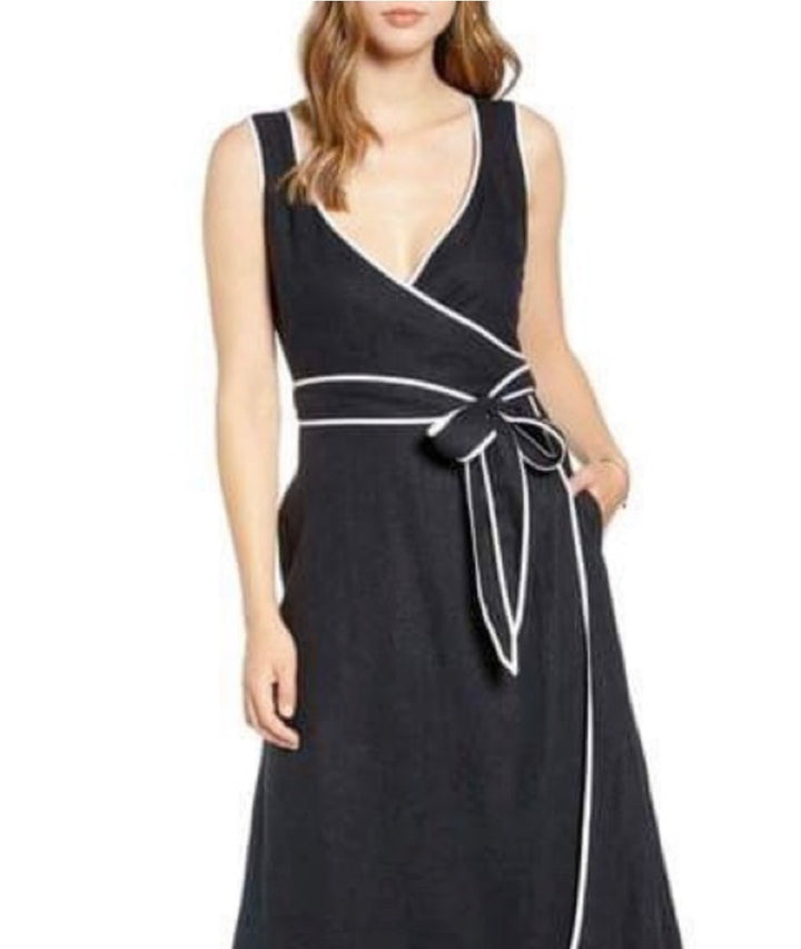 1901 Linen Blend Wrap Style Maxi Dress Black White Trim SzL
