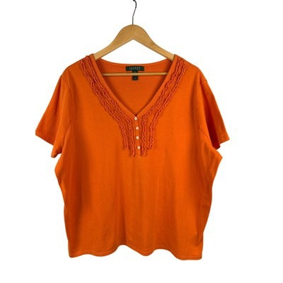 Lauren Women’s Orange Short Sleeve Cotton Blouse Size 2X – Button Detail Top