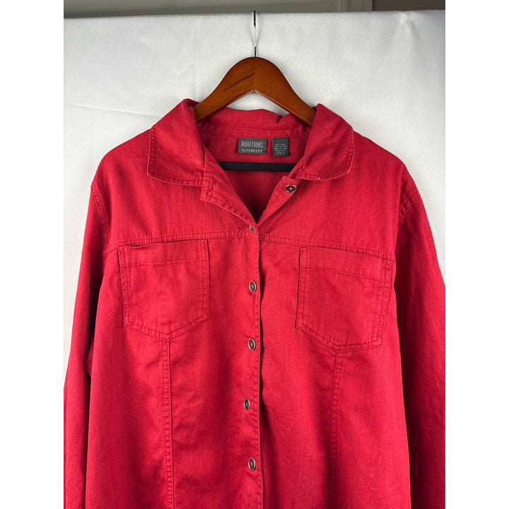 Additions By Chicos Womens Red Button-Front Long Sleeve Shirt Jacket Size 3 Linen Cotton Blend