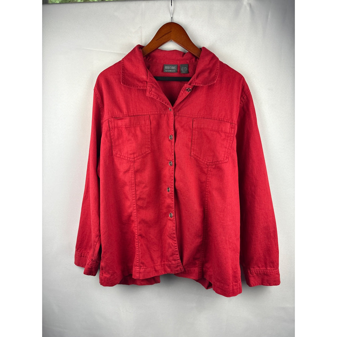 Additions By Chicos Womens Red Button-Front Long Sleeve Shirt Jacket Size 3 Linen Cotton Blend