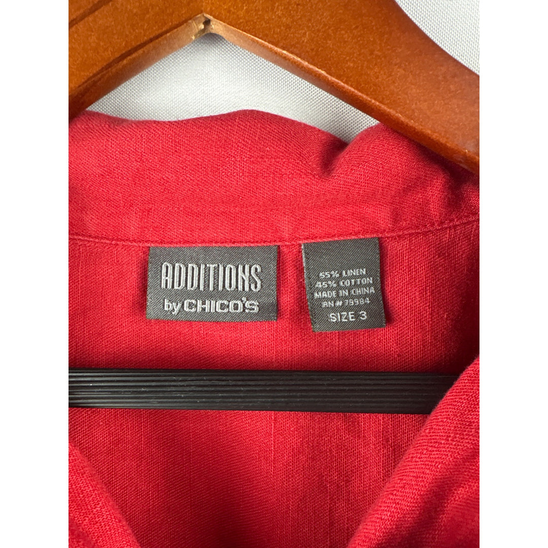 Additions By Chicos Womens Red Button-Front Long Sleeve Shirt Jacket Size 3 Linen Cotton Blend