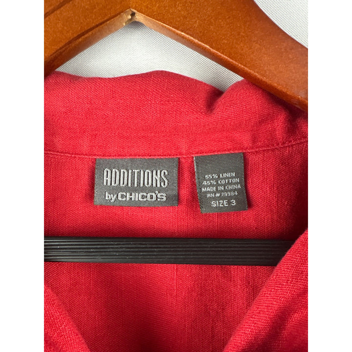 Additions By Chicos Womens Red Button-Front Long Sleeve Shirt Jacket Size 3 Linen Cotton Blend