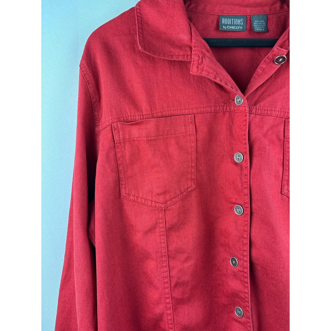 Additions By Chicos Womens Red Button-Front Long Sleeve Shirt Jacket Size 3 Linen Cotton Blend