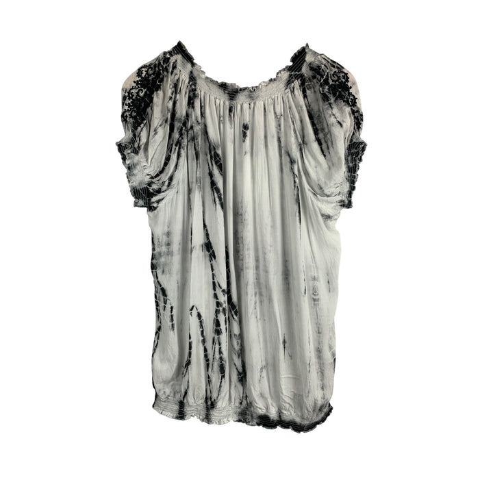 Fever Womens L/G Black & White Smocked Tie-Dye Blouse With Lace Detail