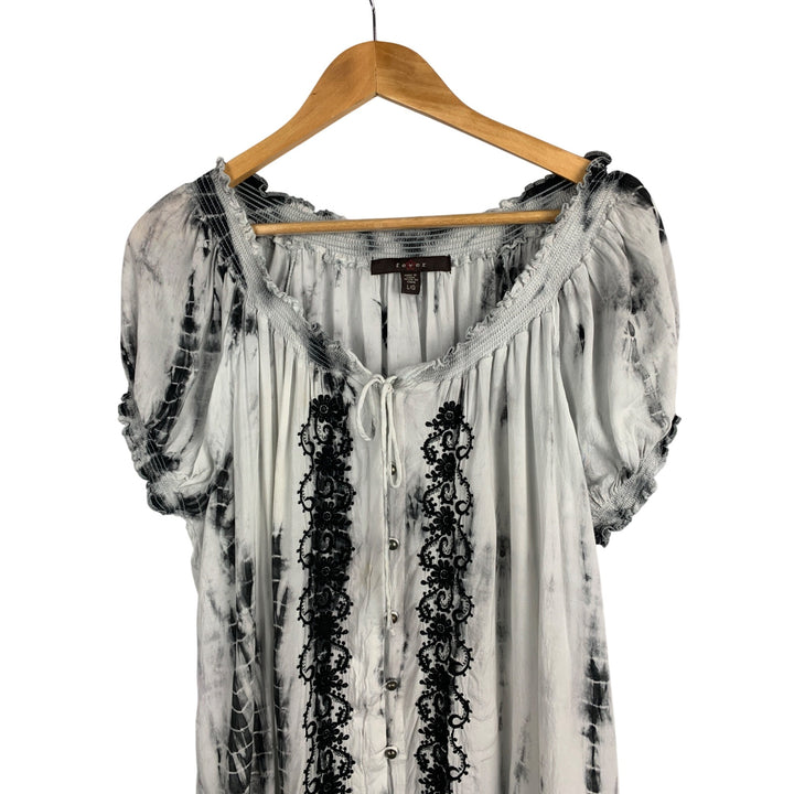 Fever Womens L/G Black & White Smocked Tie-Dye Blouse With Lace Detail