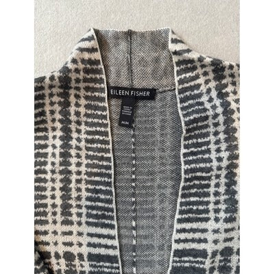 Women’s EILEEN FISHER Ash Gray Merino Wool Plaid Knit Boxy Sweater Sz M