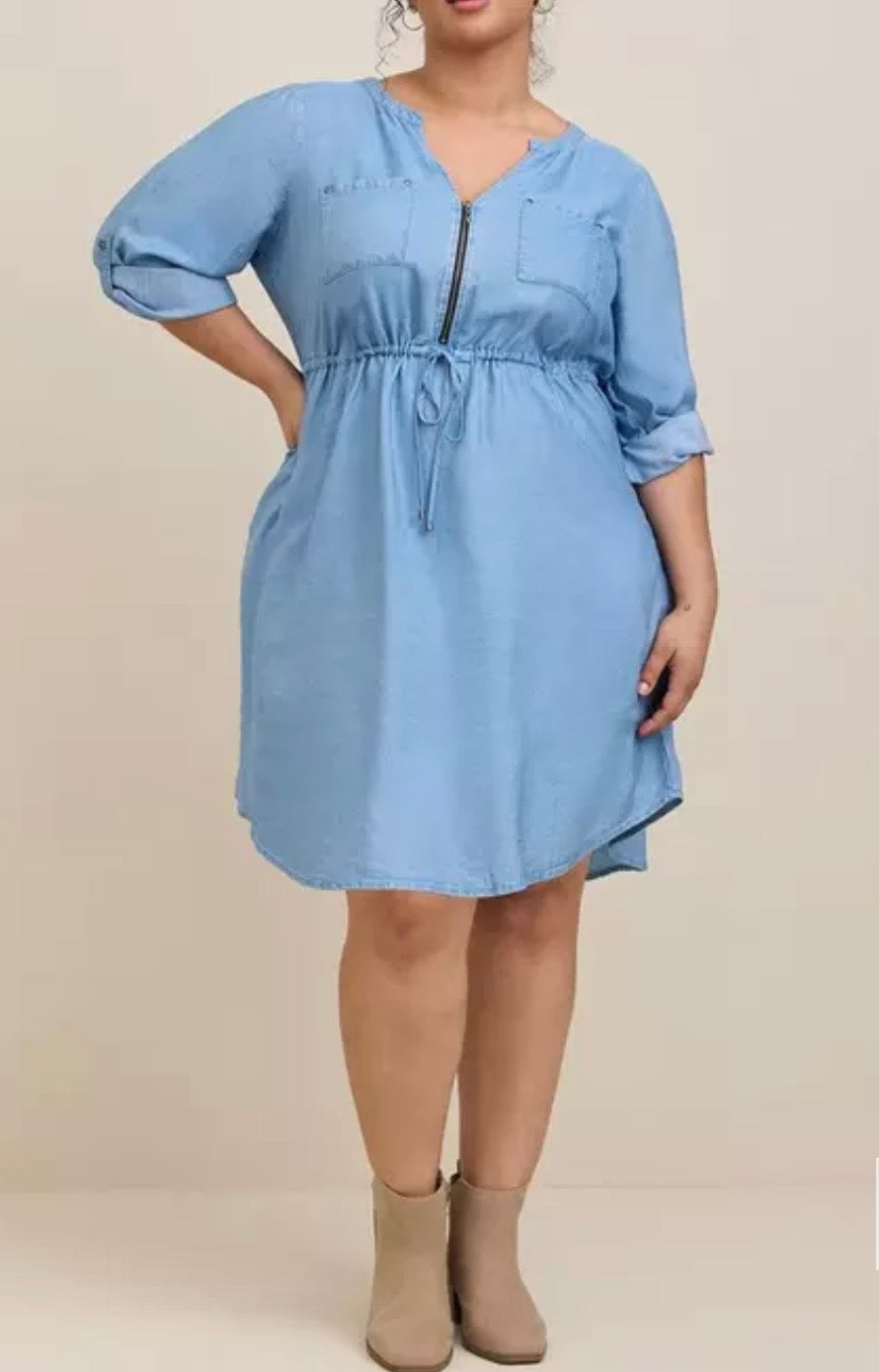 Torrid Green Blue Chambray Zip‑Front Shirt Dress – Size 1X (14–16) – NWT
