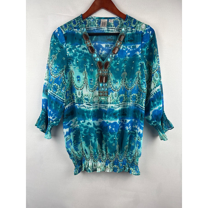 Marc Bouwer Blue Beaded Blouse XS - V-Neck Patterned Top With Elastic Waist & Cuffs