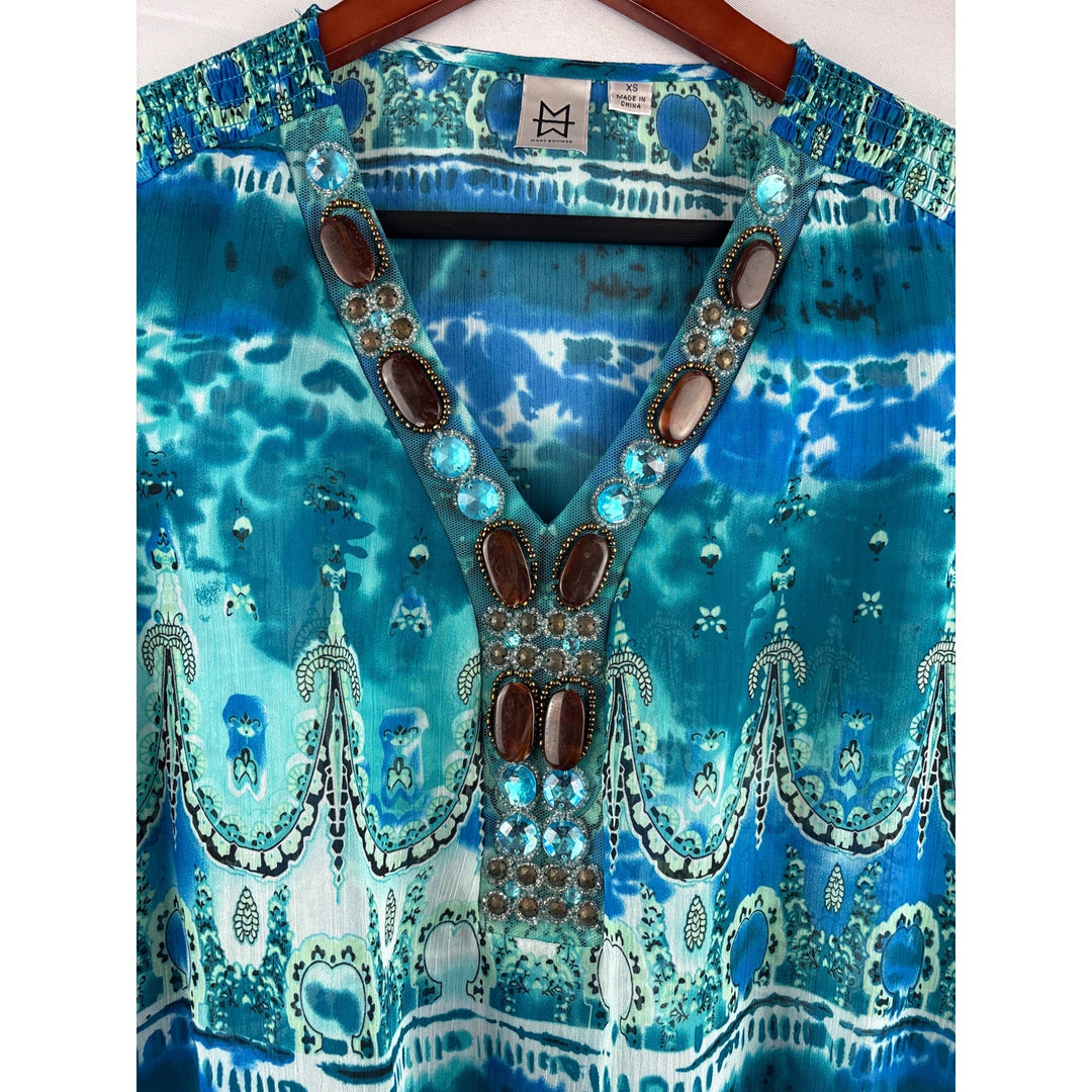Marc Bouwer Blue Beaded Blouse XS - V-Neck Patterned Top With Elastic Waist & Cuffs