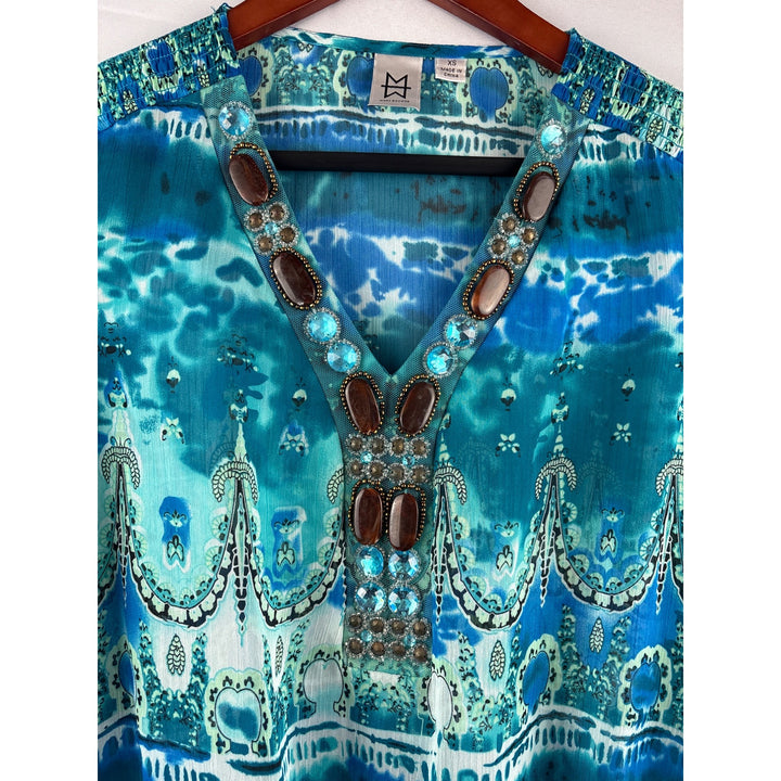 Marc Bouwer Blue Beaded Blouse XS - V-Neck Patterned Top With Elastic Waist & Cuffs