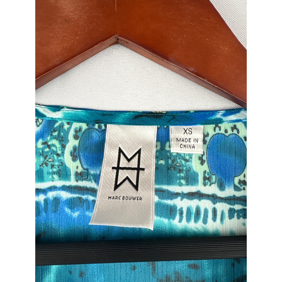 Marc Bouwer Blue Beaded Blouse XS - V-Neck Patterned Top With Elastic Waist & Cuffs