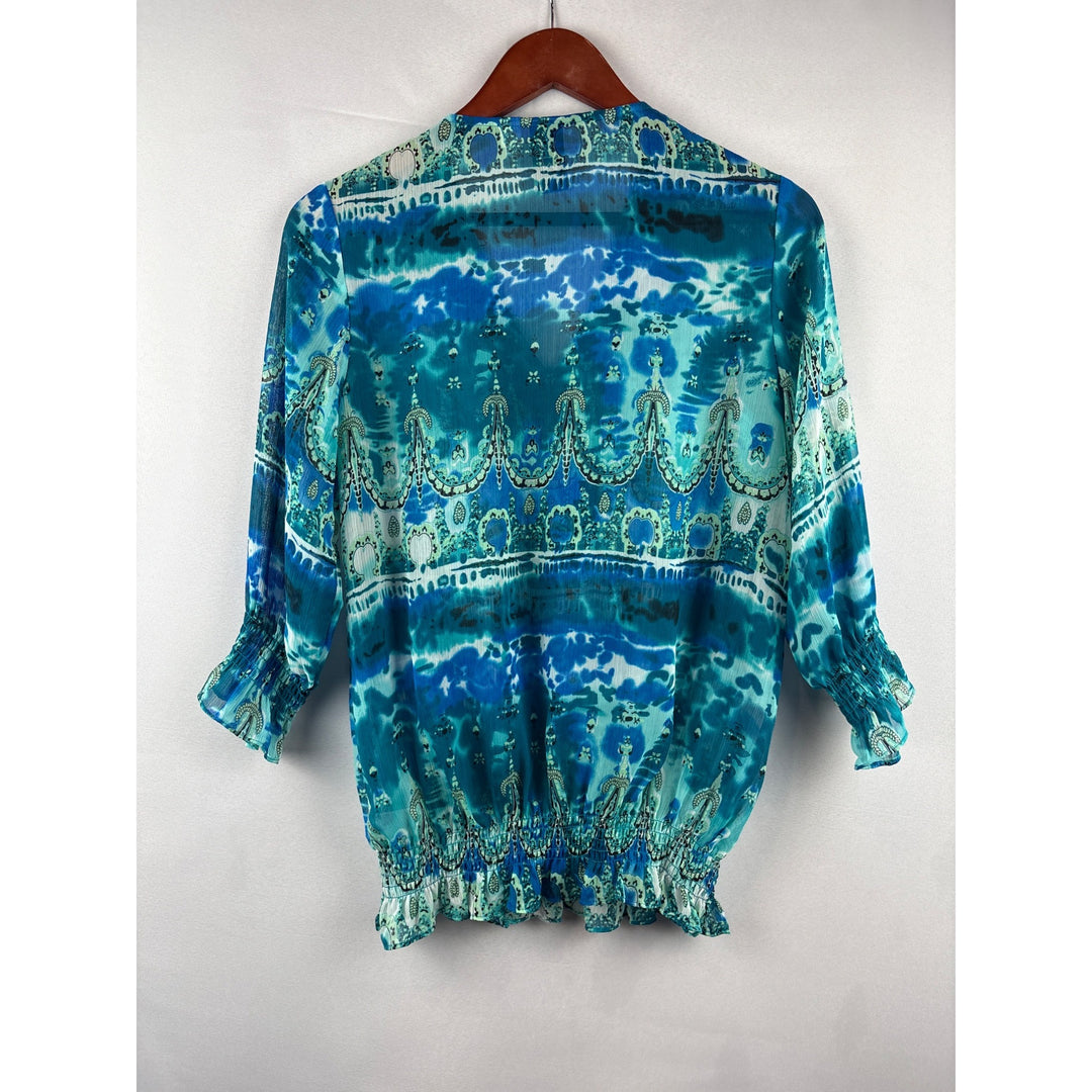 Marc Bouwer Blue Beaded Blouse XS - V-Neck Patterned Top With Elastic Waist & Cuffs