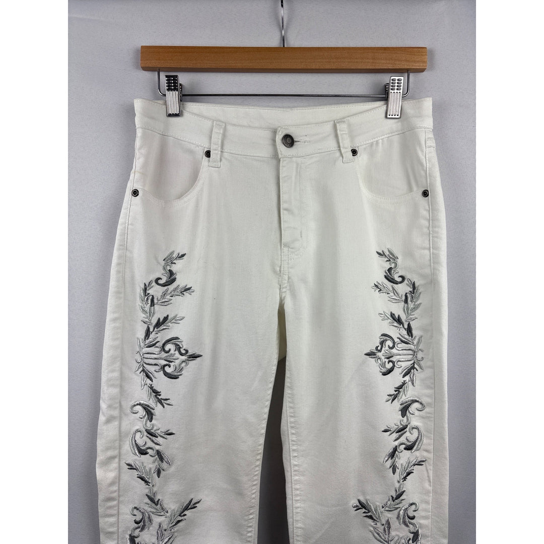 Women’s Anthony Studios Size 6 White Jeans with Silver & Grey Embroidery