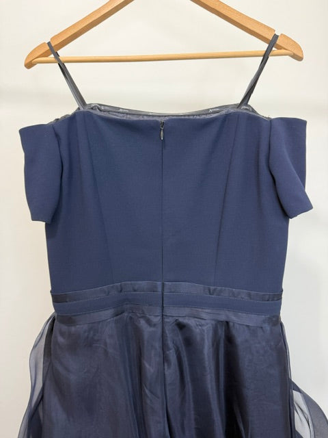A Exclusive Formal Gown – Navy Off‑Shoulder Column Dress w/ Organza Overlay – Boutique Couture – Retail $1000+