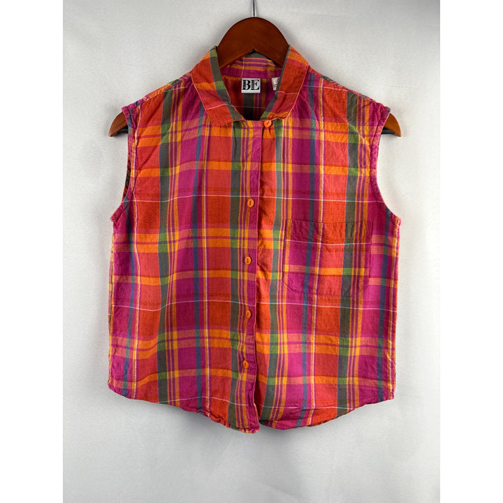 Basic Essentials Womens Sleeveless Plaid Shirt Size S Vibrant Pink & Orange
