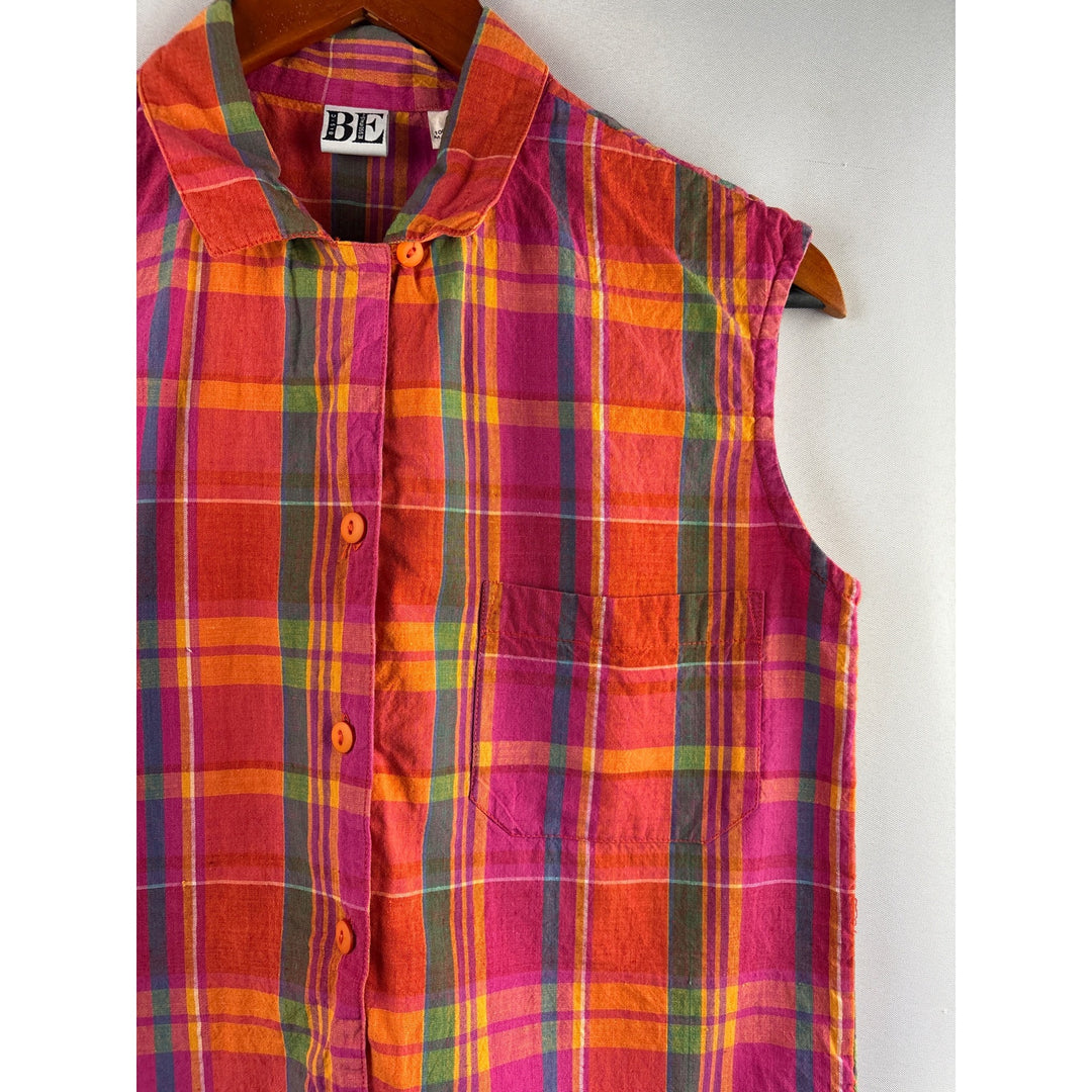 Basic Essentials Womens Sleeveless Plaid Shirt Size S Vibrant Pink & Orange