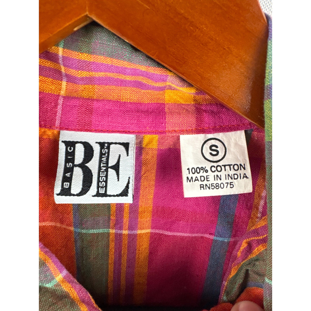 Basic Essentials Womens Sleeveless Plaid Shirt Size S Vibrant Pink & Orange
