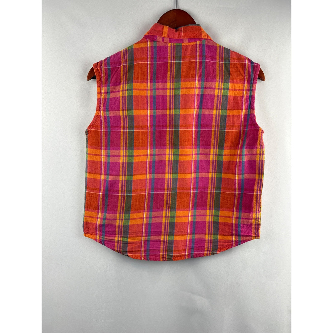 Basic Essentials Womens Sleeveless Plaid Shirt Size S Vibrant Pink & Orange