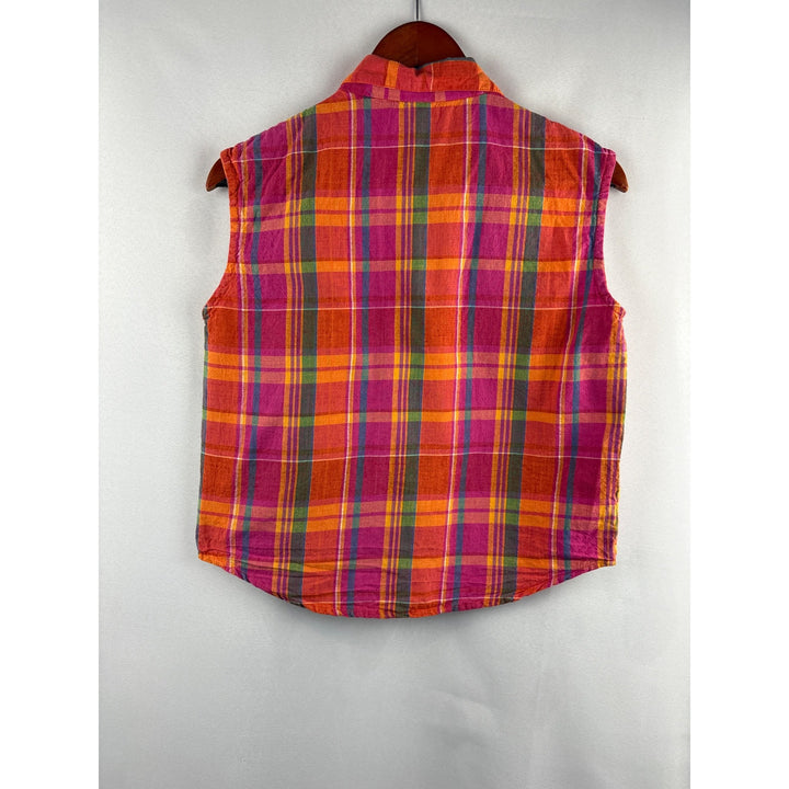 Basic Essentials Womens Sleeveless Plaid Shirt Size S Vibrant Pink & Orange