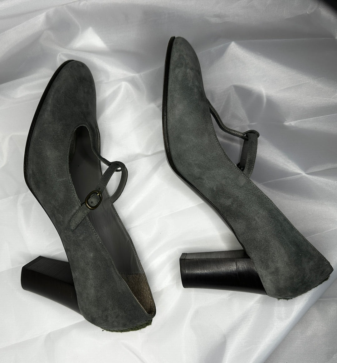 Hugo Boss Taupe Suede Mary Jane Block Heels