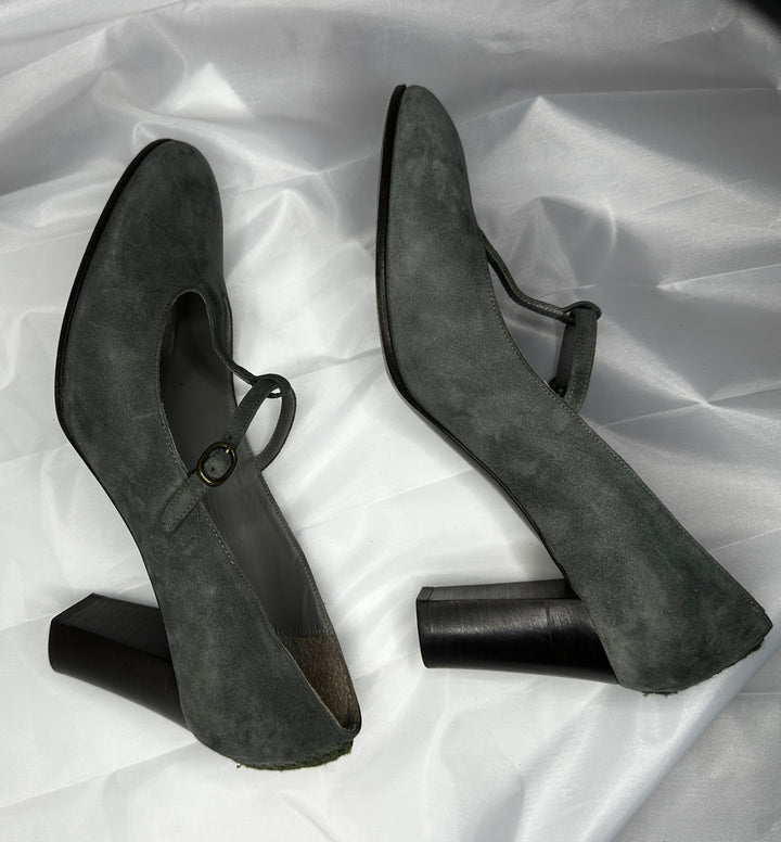 Hugo Boss Taupe Suede Mary Jane Block Heels