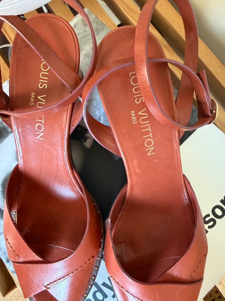 Louis Vuitton Brown Leather Studded Wedge Sandals Size 38.5